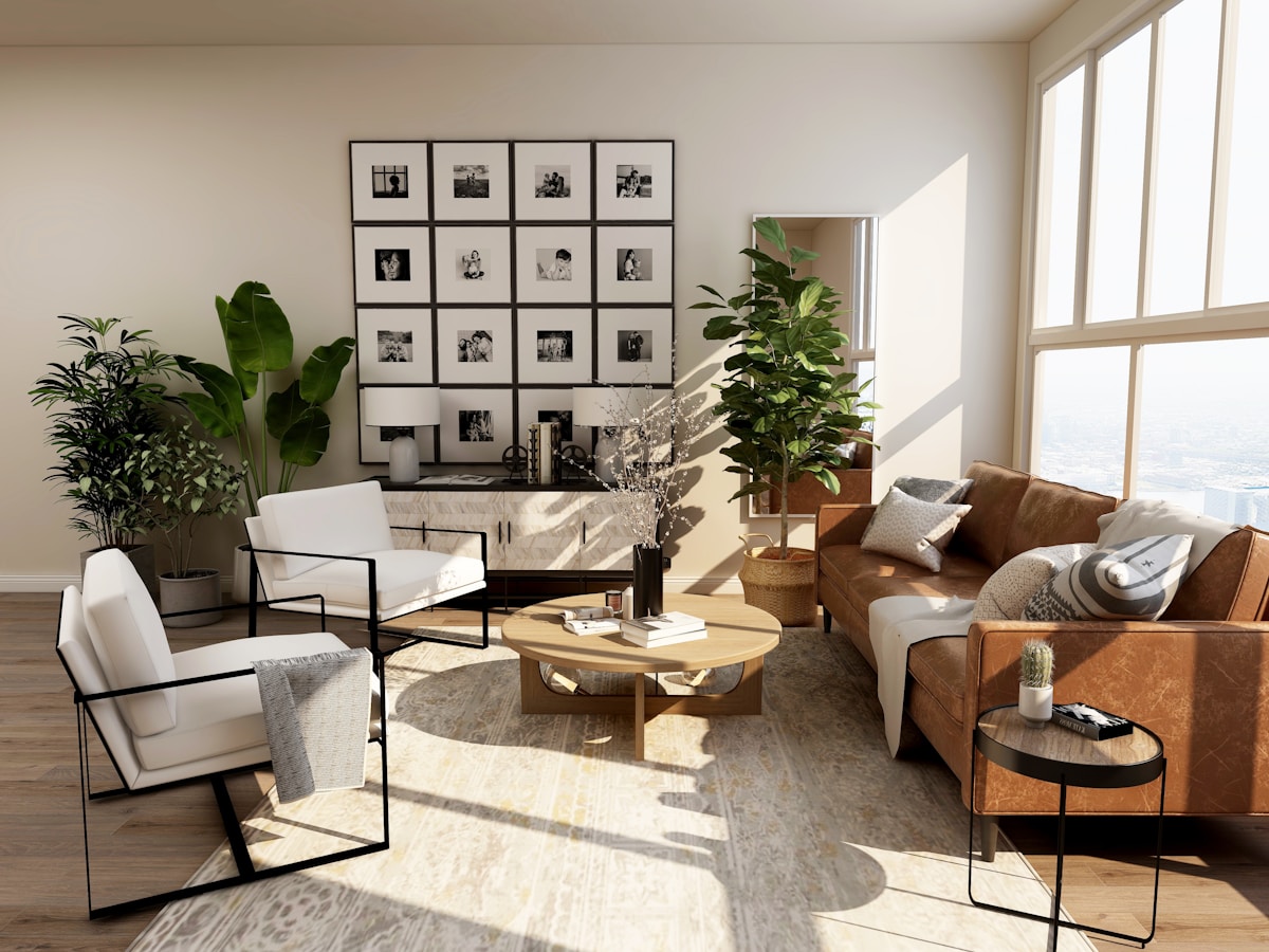 Sunlit living room with large windows and modern furniture